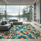 Teal and Orange Ornate Floral Scroll Rug