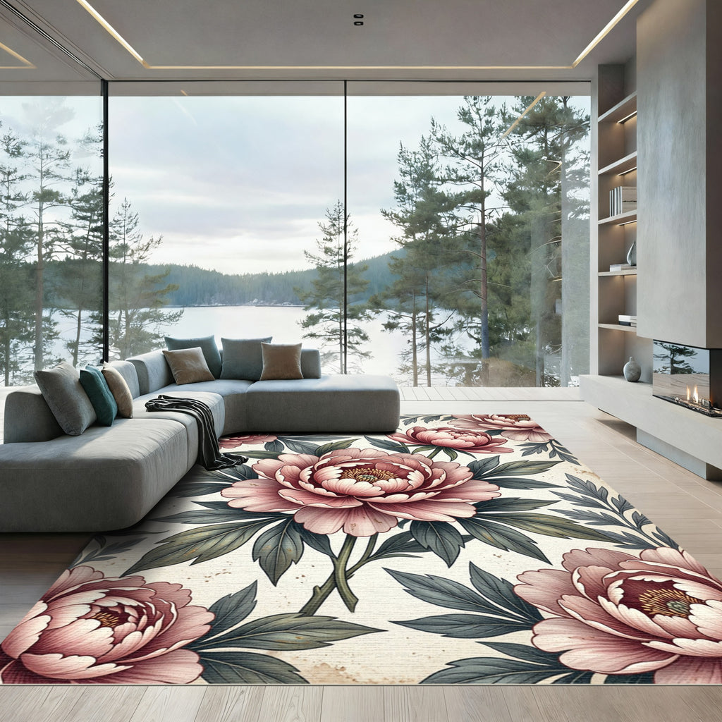 Blush Pink Peony Botanical Arrangement Rug