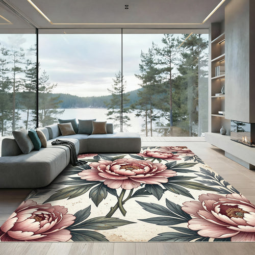 Blush Pink Peony Botanical Arrangement Rug