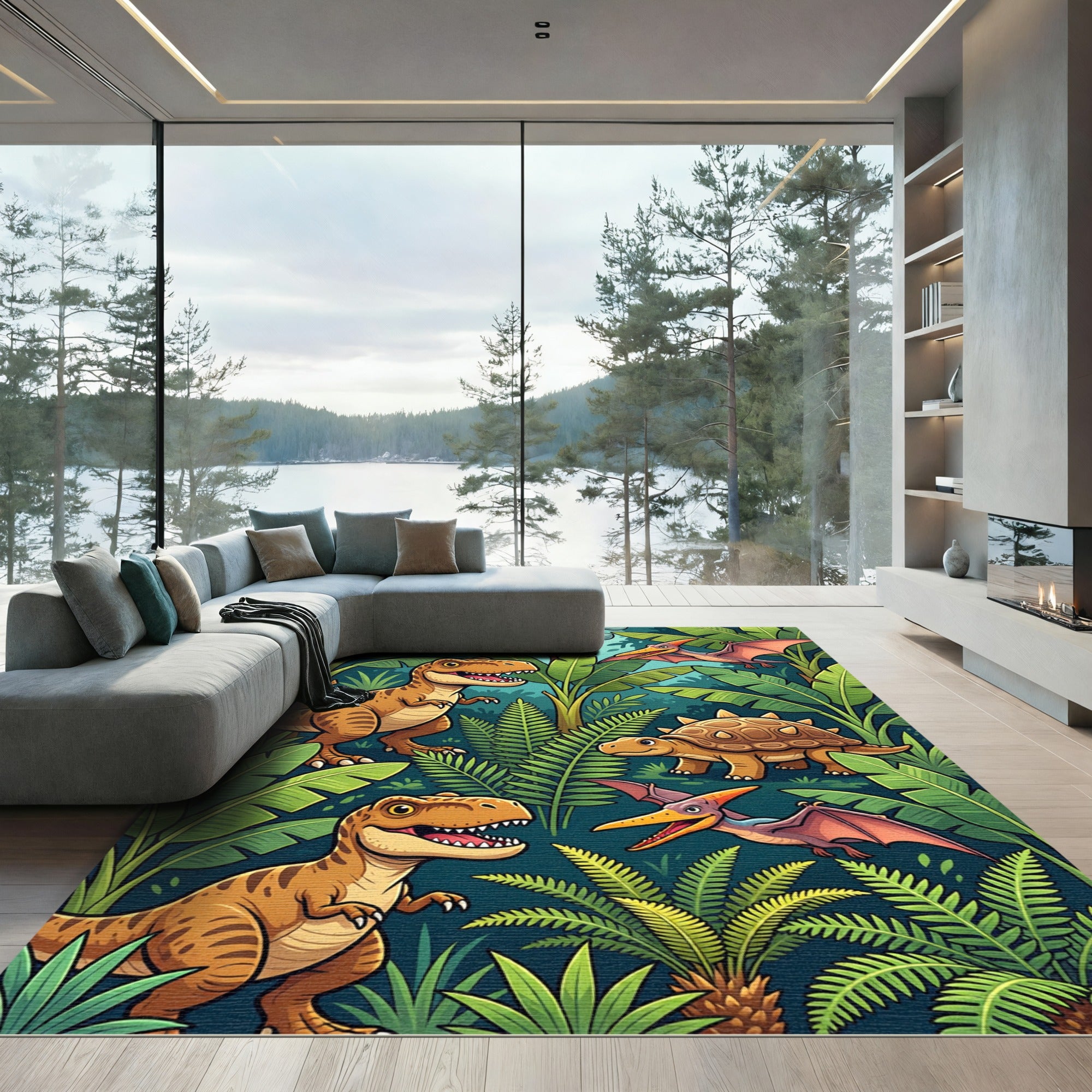 Vibrant Tropical Jungle Dinosaur Scene Rug