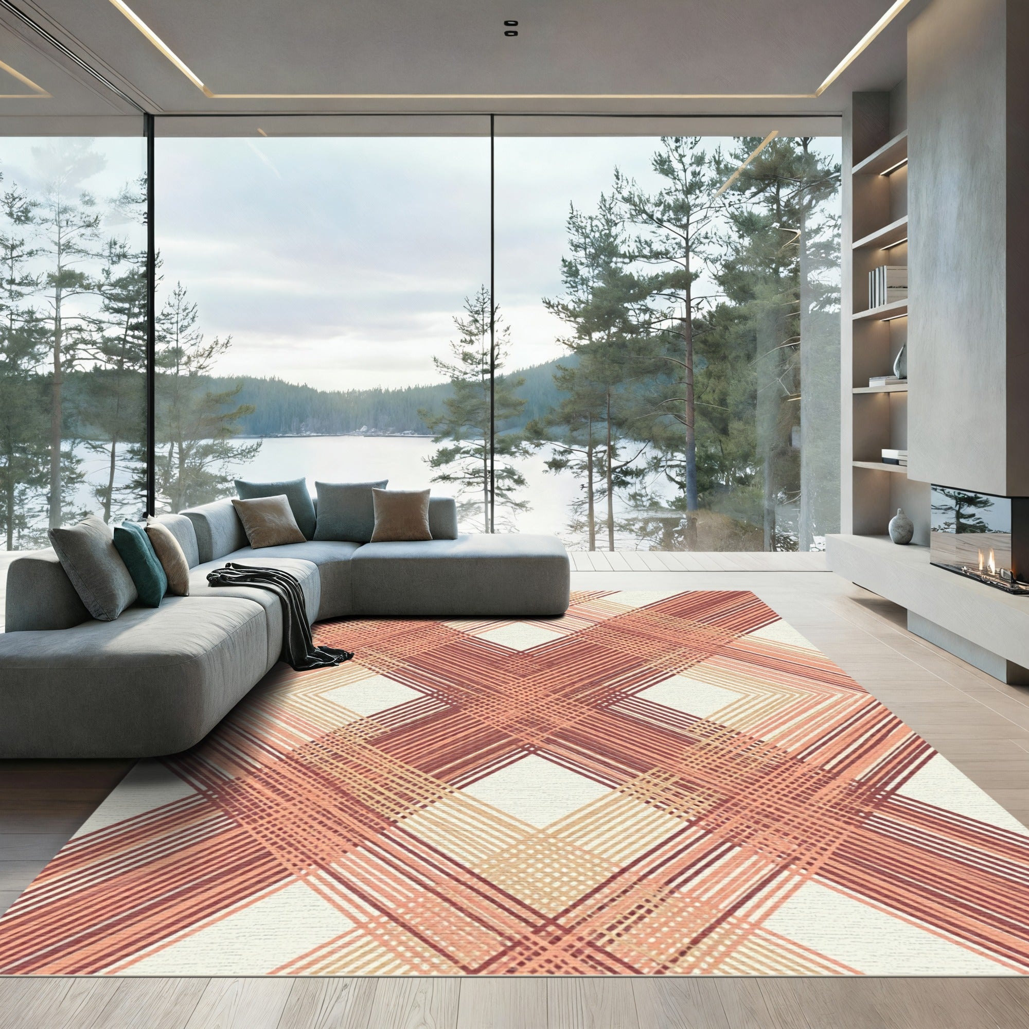 Coral Red Intersecting Diagonal Weave Rug