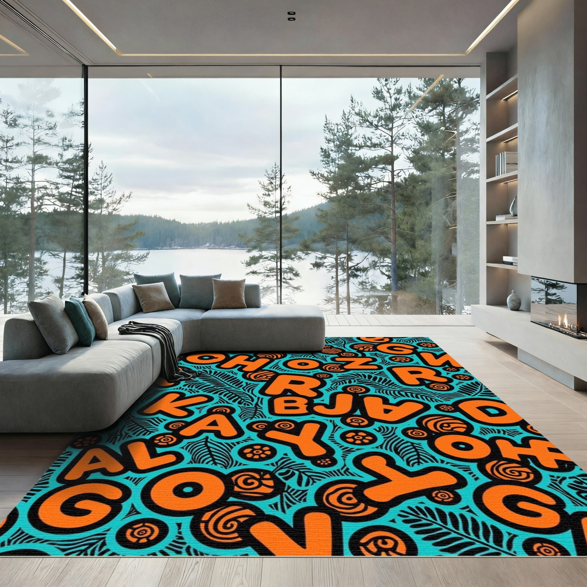 Bold Orange Alphabet Teal Background Rug