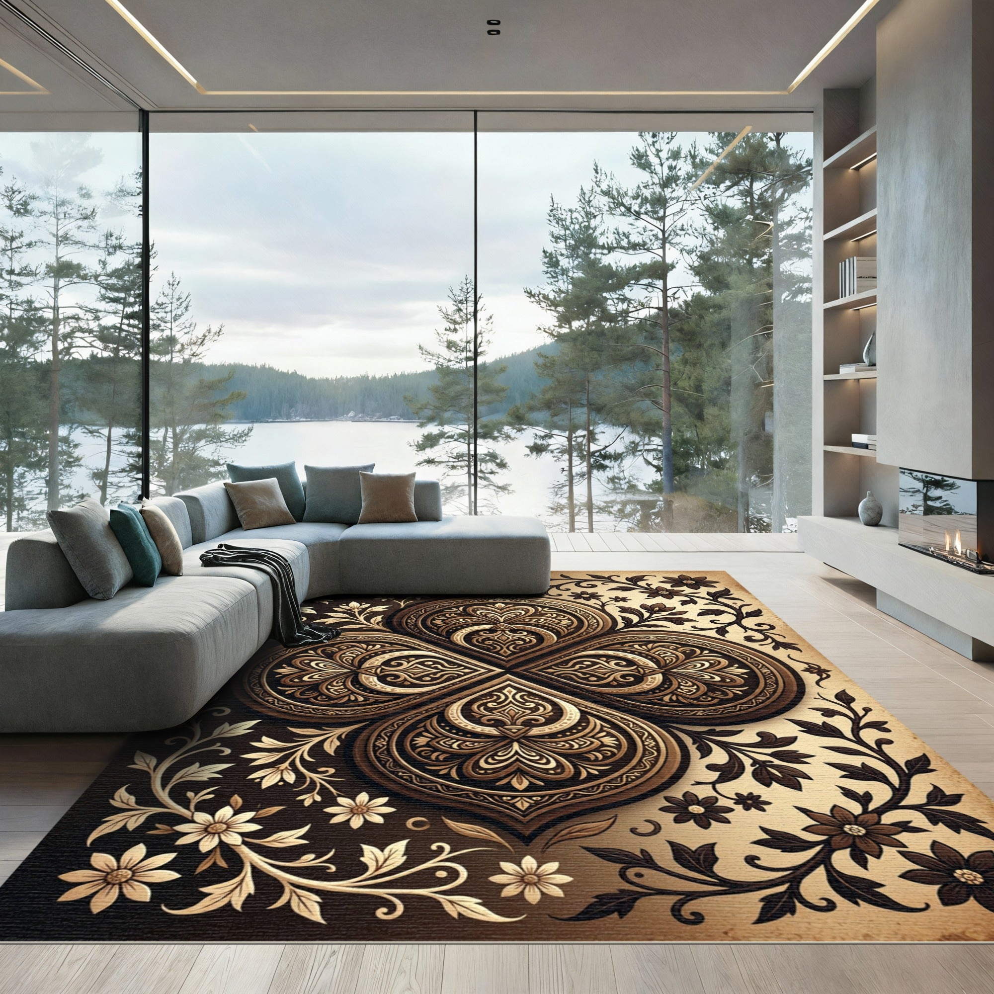 Elegant Bronze Floral Quadrant Medallion Rug