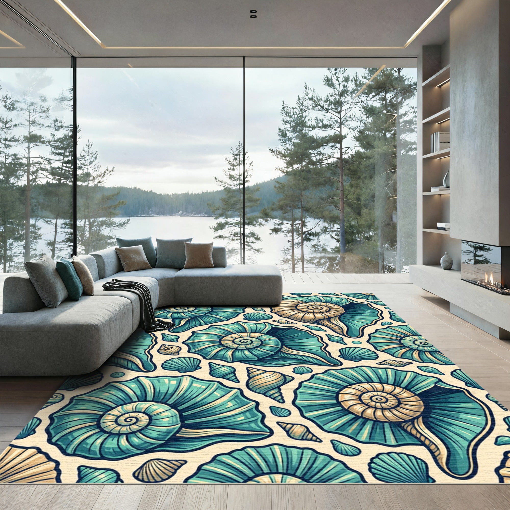 Teal and Gold Coastal Spiral Shells Rug