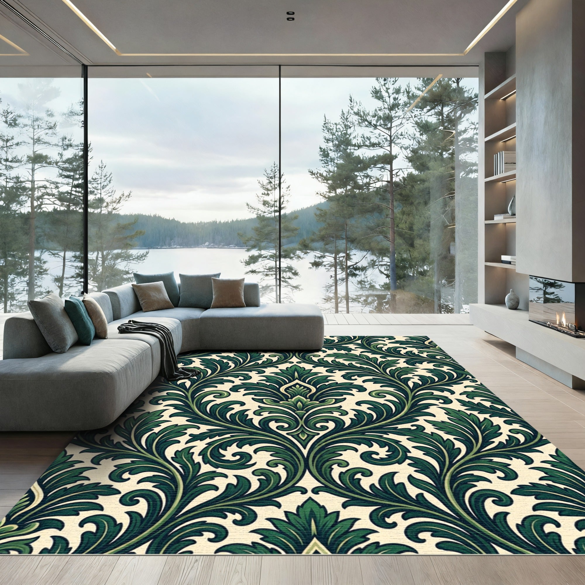 Dark Green Ornate Botanical Damask Rug