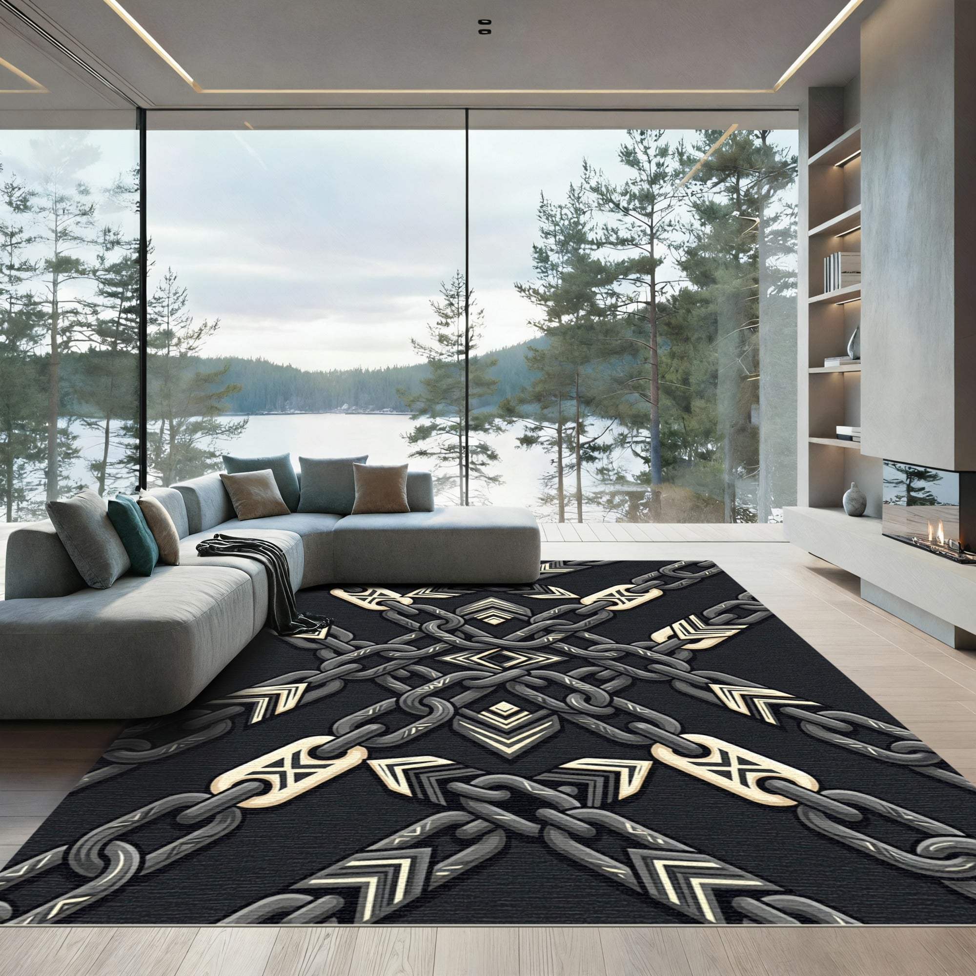 Geometric Monochrome Chain Link Metal Accent Rug