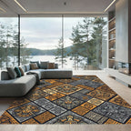 Golden Earth Tone Jaguar Mask Tile Rug