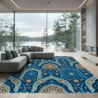 Golden Floral Arch Ornate Blue Tile Rug