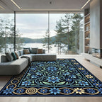 Blue Golden Floral Garland Border Rug