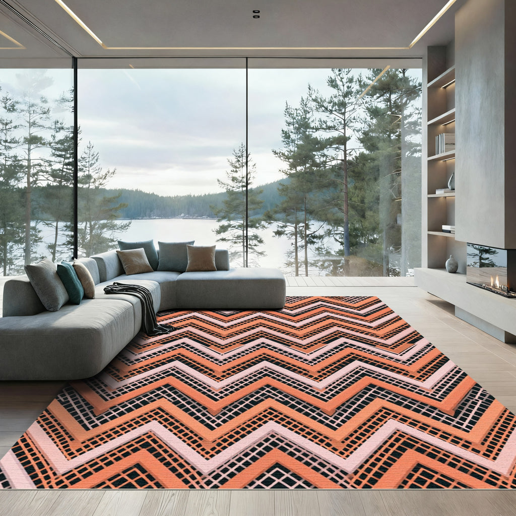 Modern Peach and Blush Chevron Grid Rug