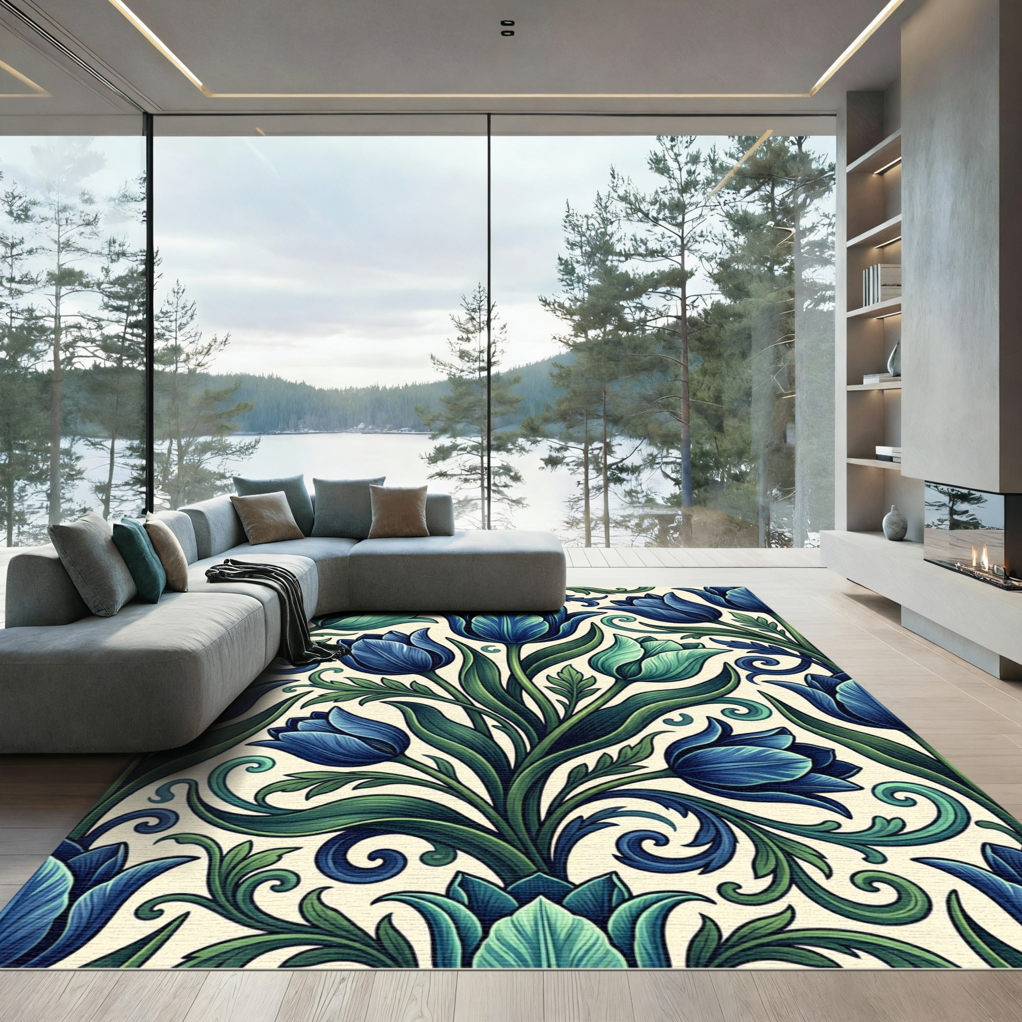 Elegant Blue Floral Art Nouveau Meadow Rug