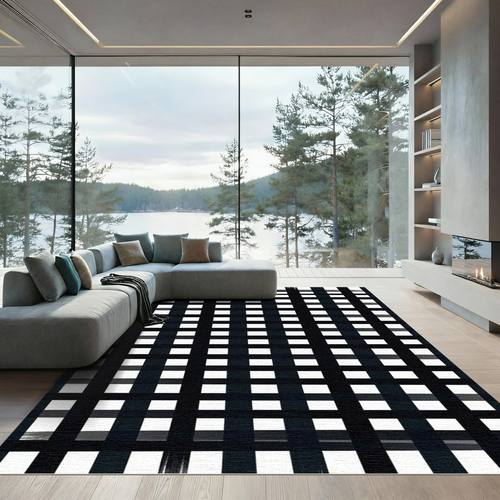 Black White Plaid Grid Arrangement Rug