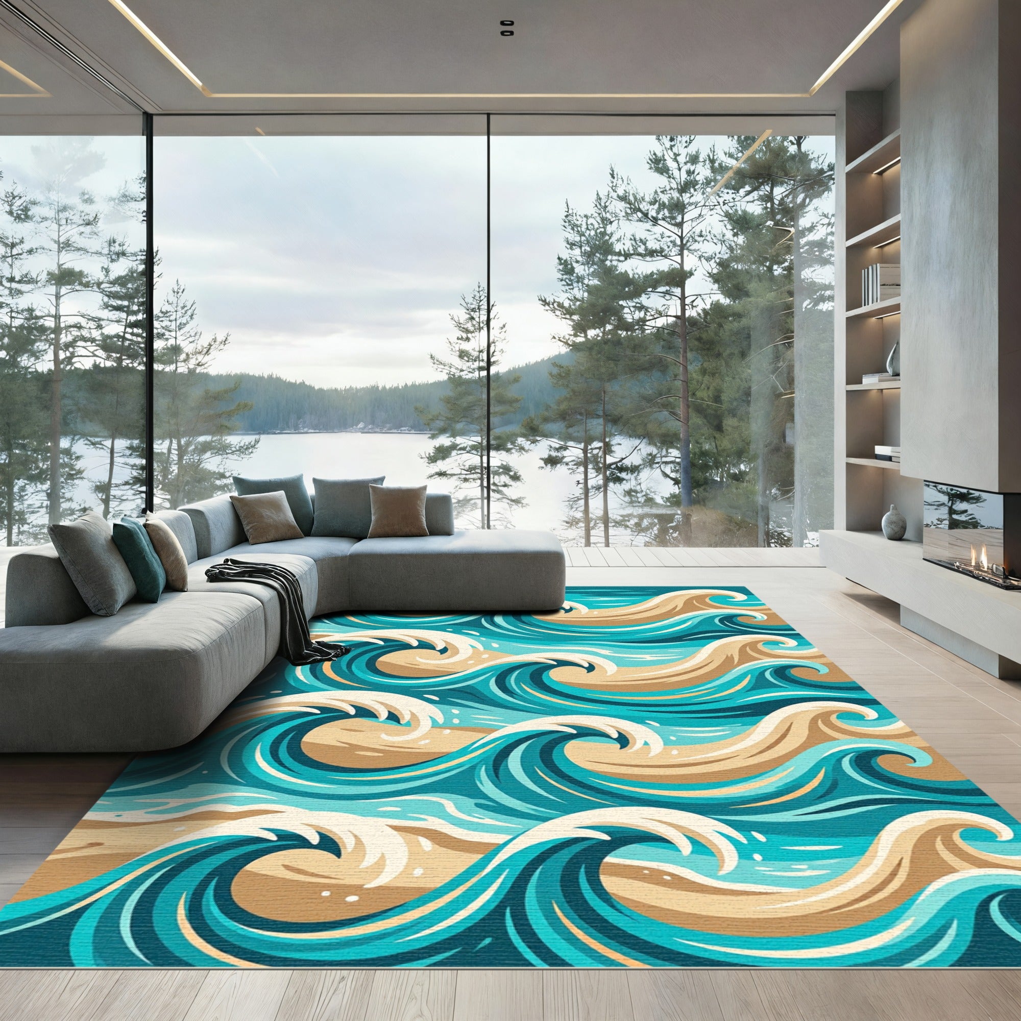 Abstract Teal and Sand Ocean Wave Rug