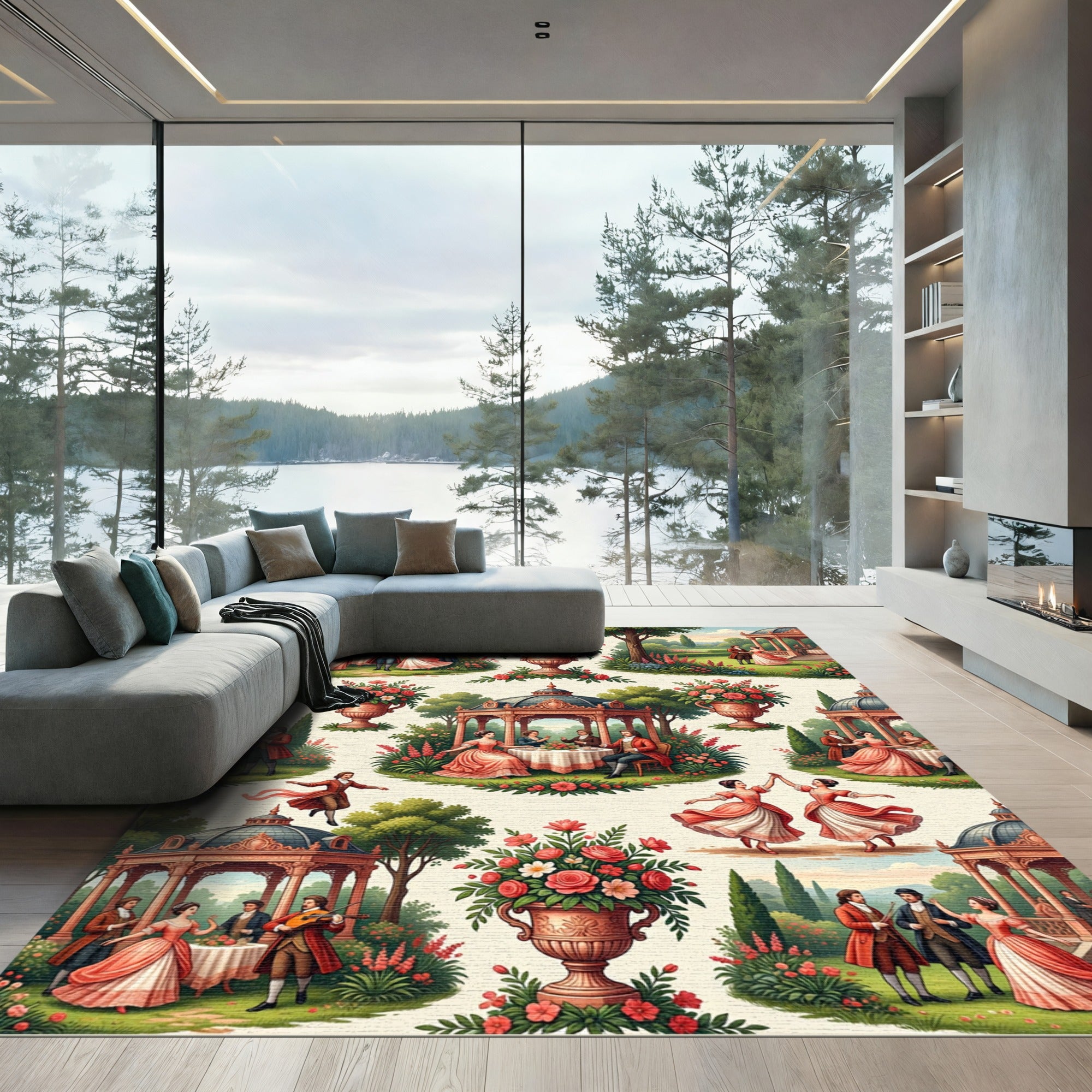 Courting Garden Floral Rose Vase Scene Rug