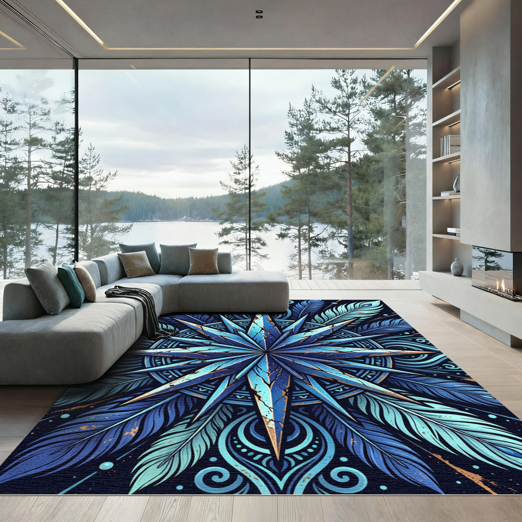 Deep Blue Feathered Starburst Medallion Rug