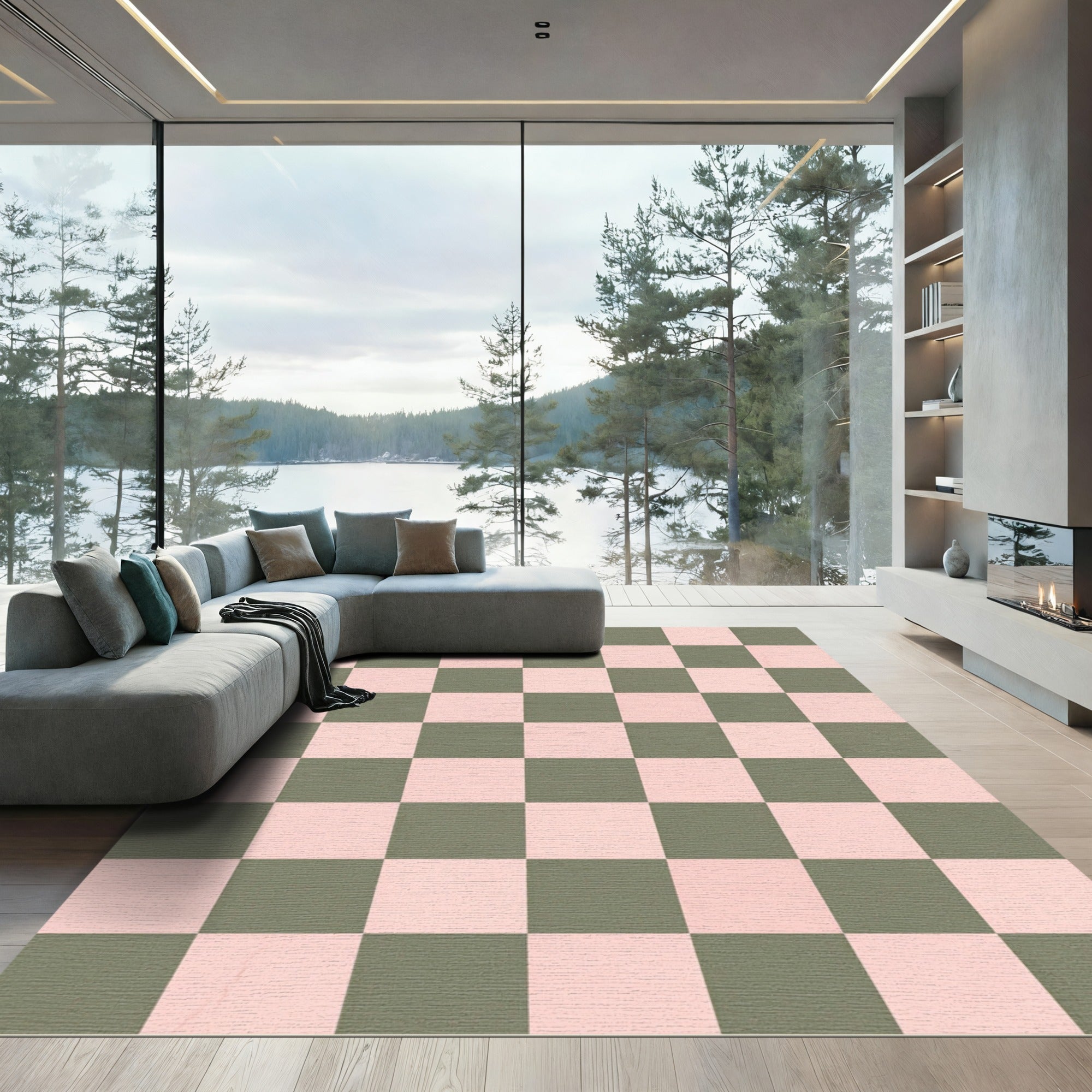 Olive Pink Checkered Square Arrangement Rug