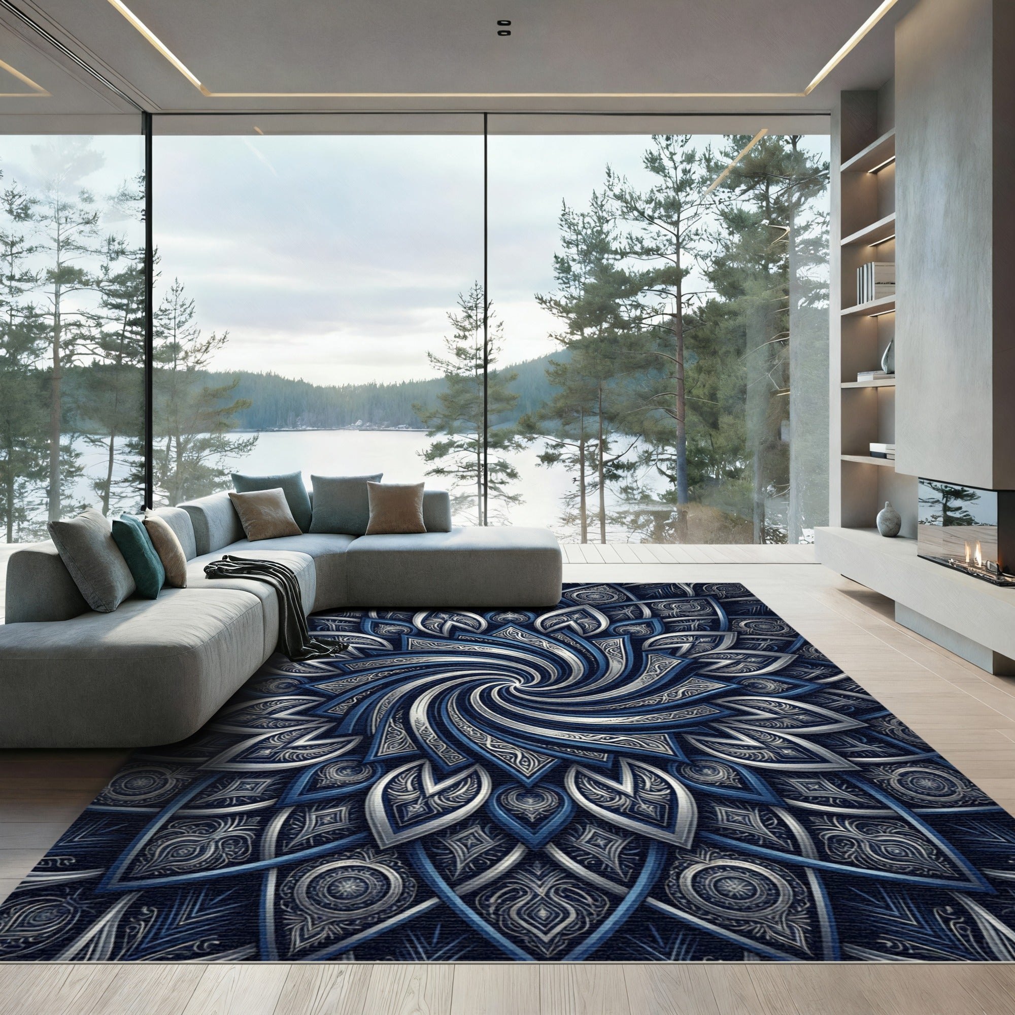 Midnight Blue Silver Floral Swirl Rug