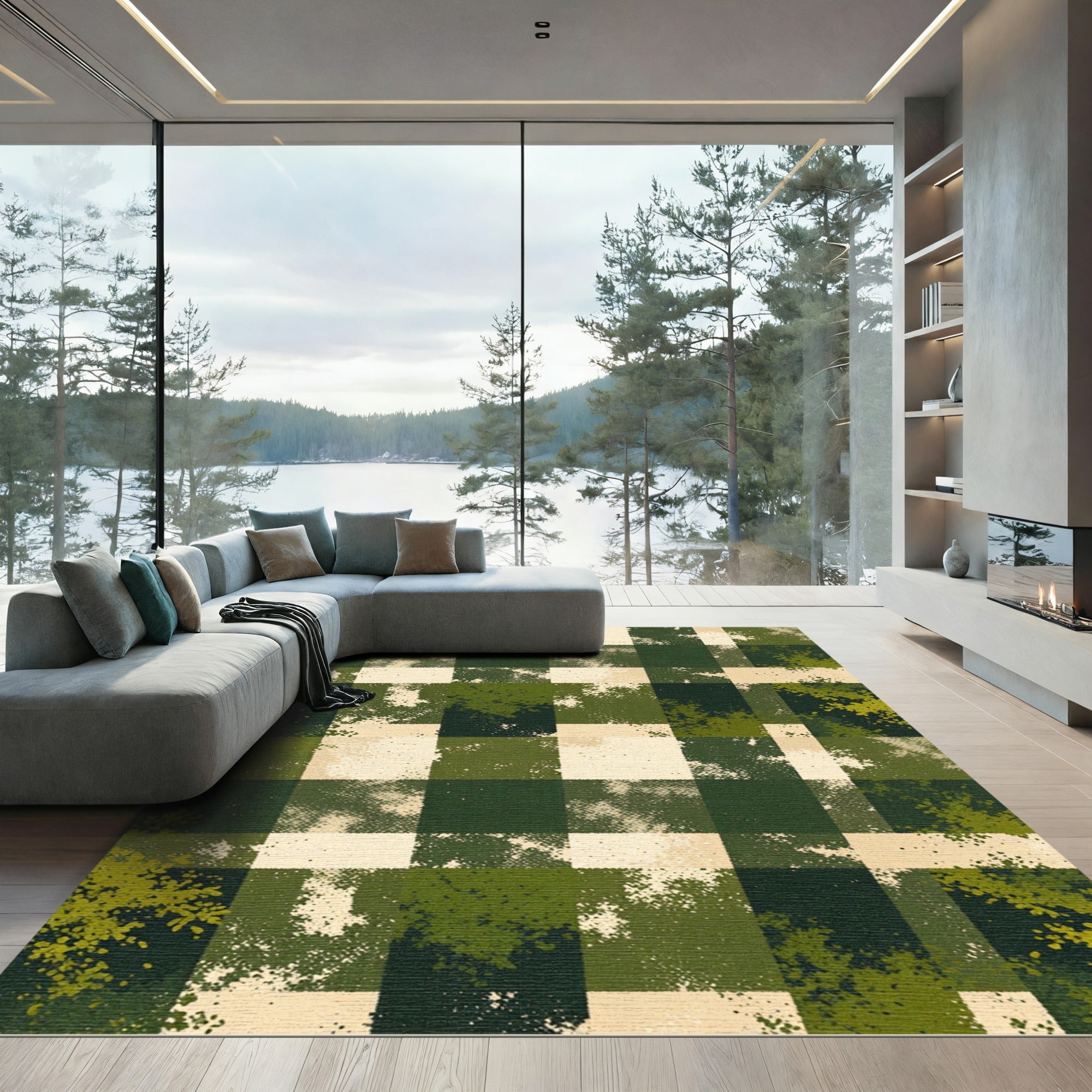 Distressed Forest Green Gingham Checkered Rug