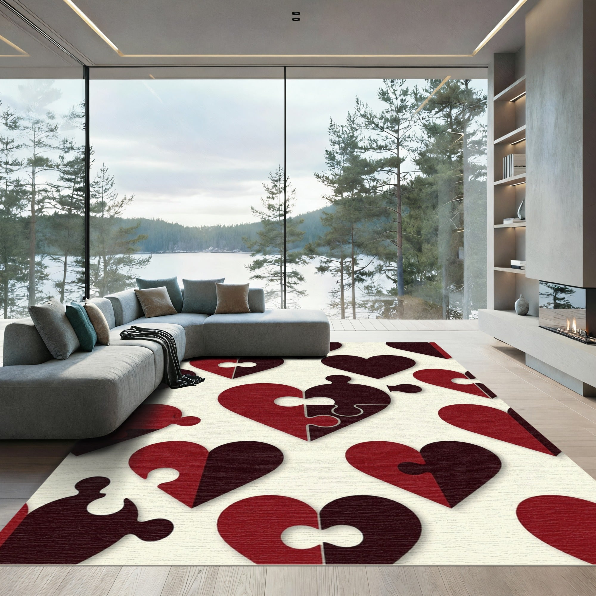 Deep Crimson Linked Heart Puzzle Rug