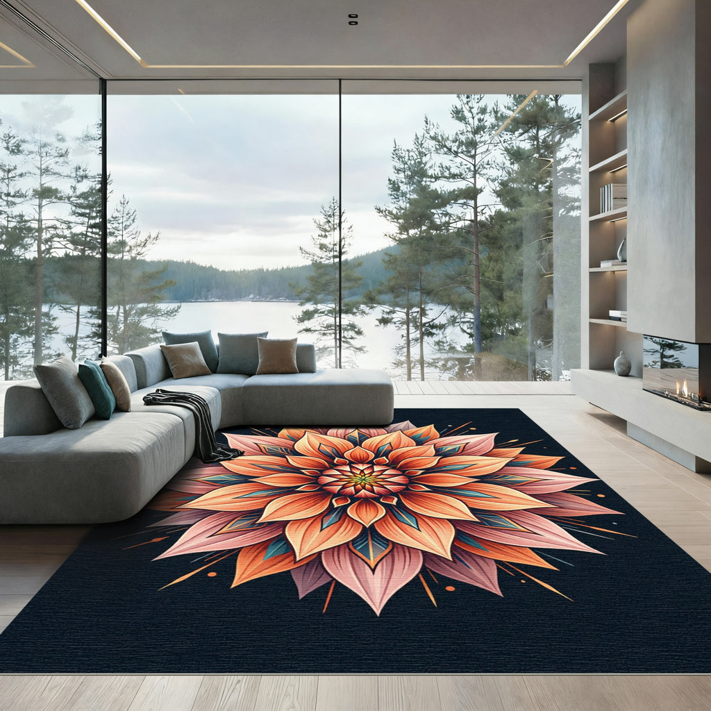 Vibrant Coral Lotus Mandala Radiance Rug