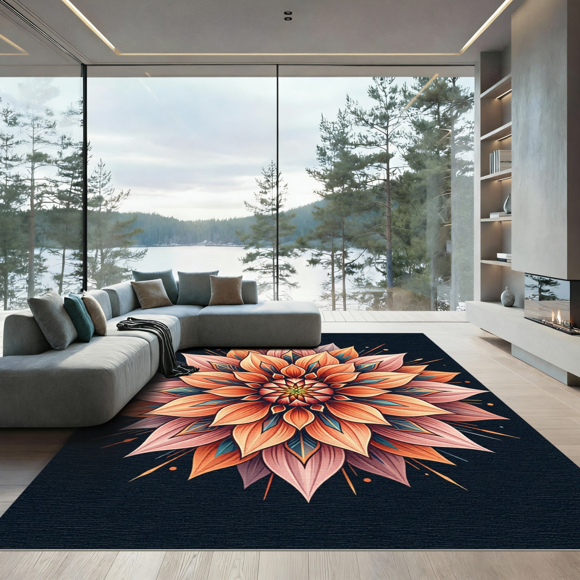 Vibrant Coral Lotus Mandala Radiance Rug