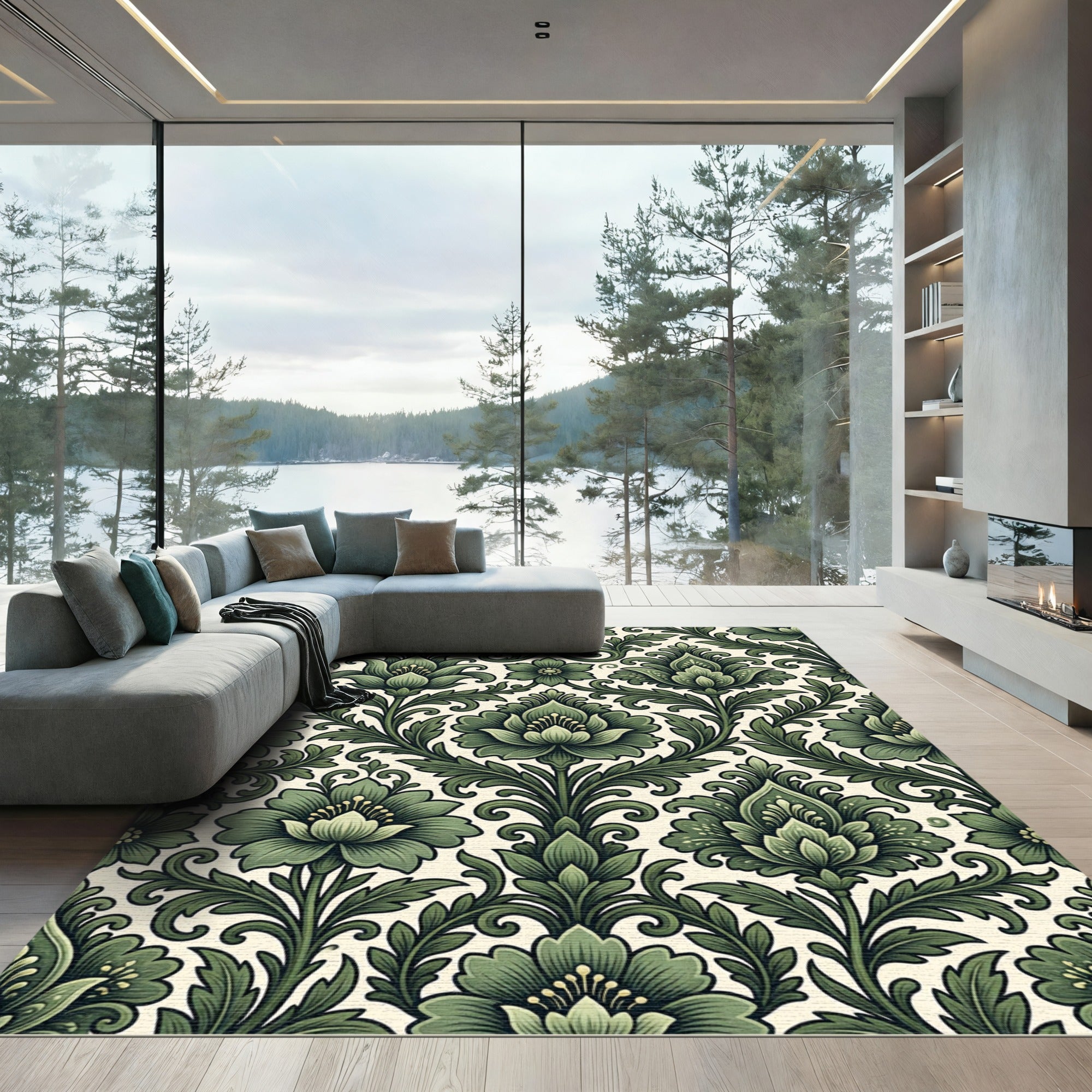 Elegant Sage Green Damask Floral Scroll Rug