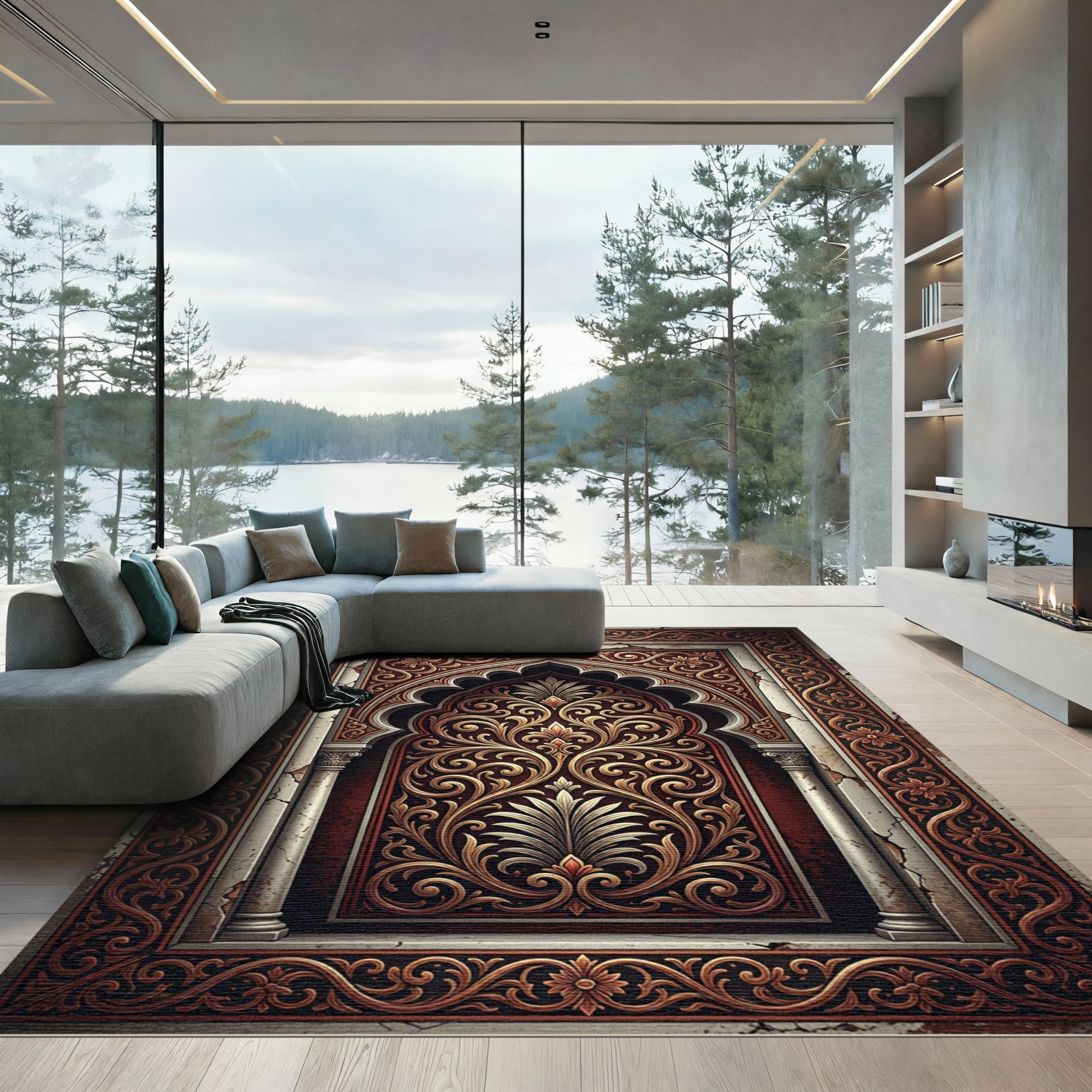 Ornate Gold Arch Damask Crimson Tapestry Rug