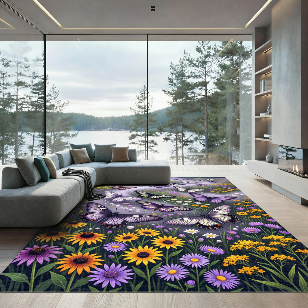 Whimsical Lavender Butterfly Meadow Rug