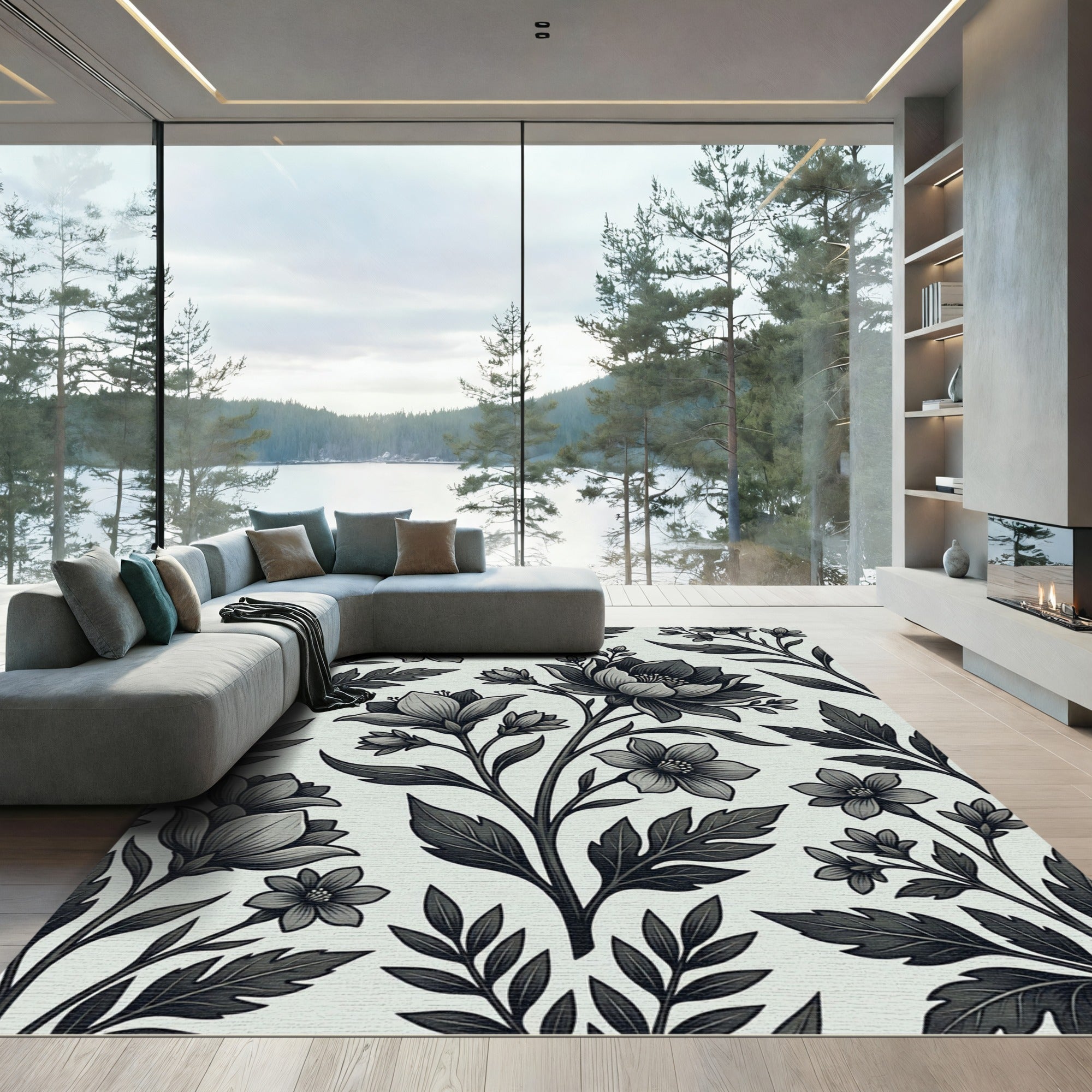 Monochromatic Floral Branches Continuous Arrangement Rug