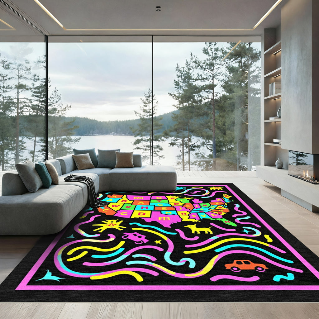 Colorful Alphabet Map Creatures and Cars Rug