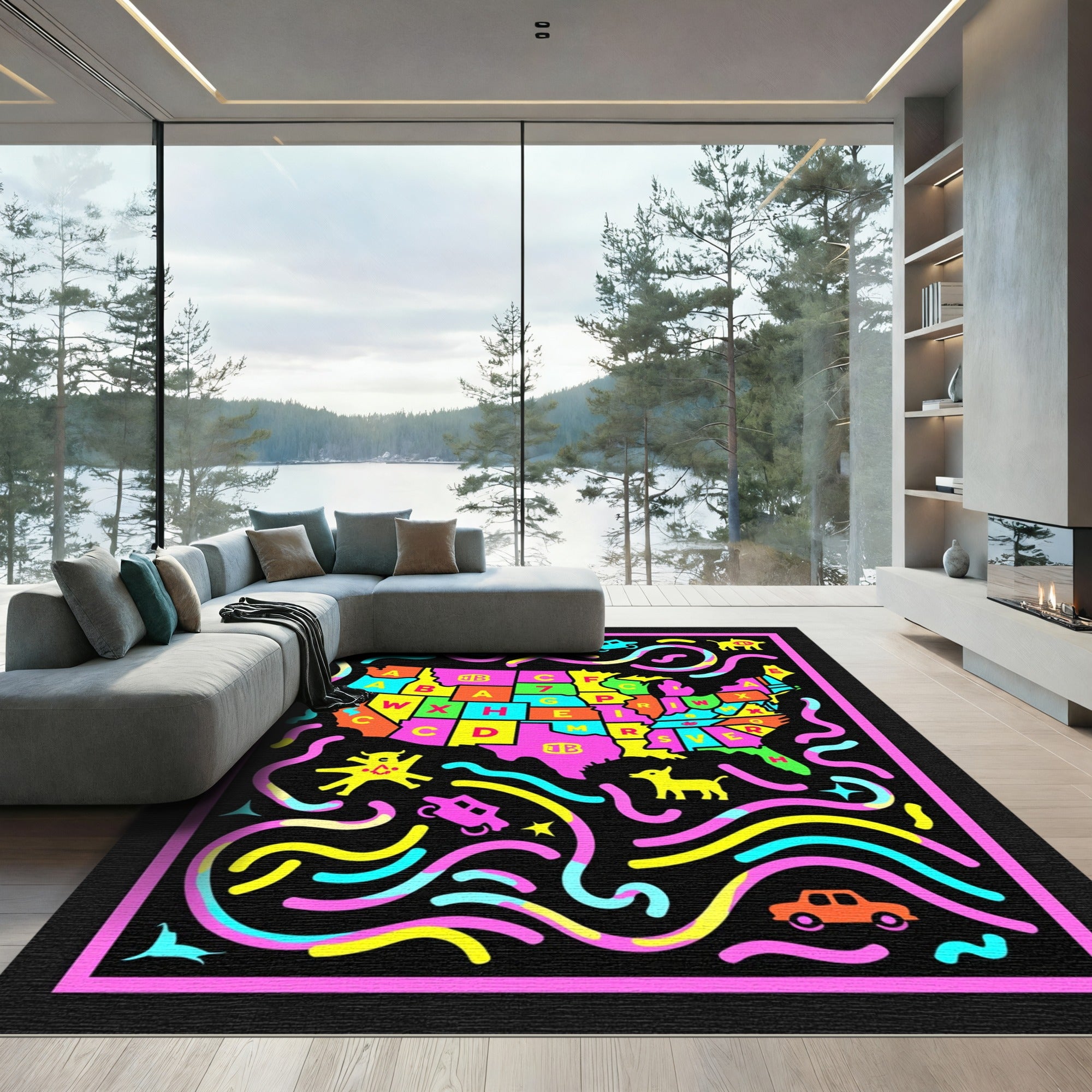 Colorful Alphabet Map Creatures and Cars Rug