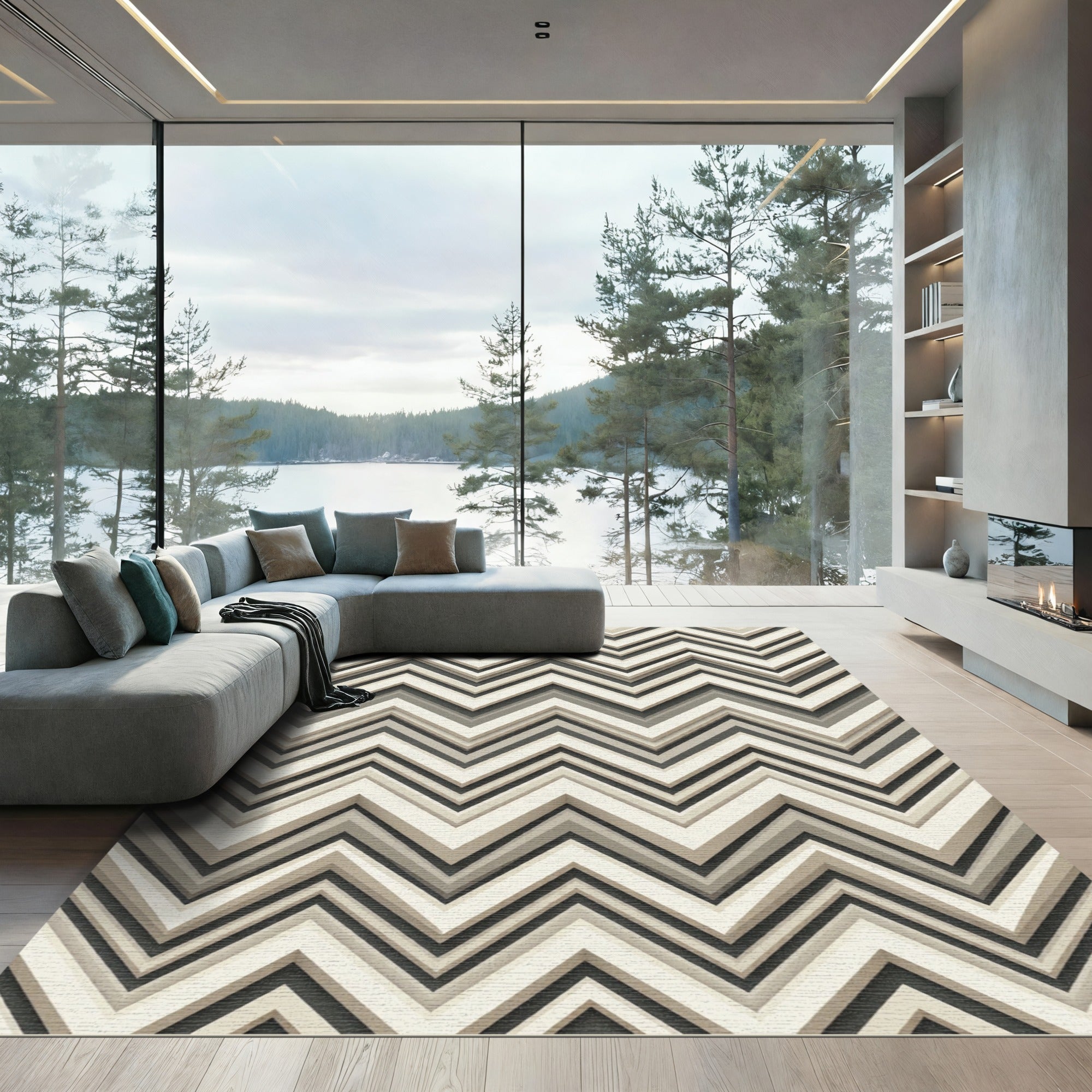 Neutral Chevron Striped Geometric Zigzag Rug