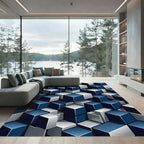 Geometric Blue and Silver Cube Grid Rug