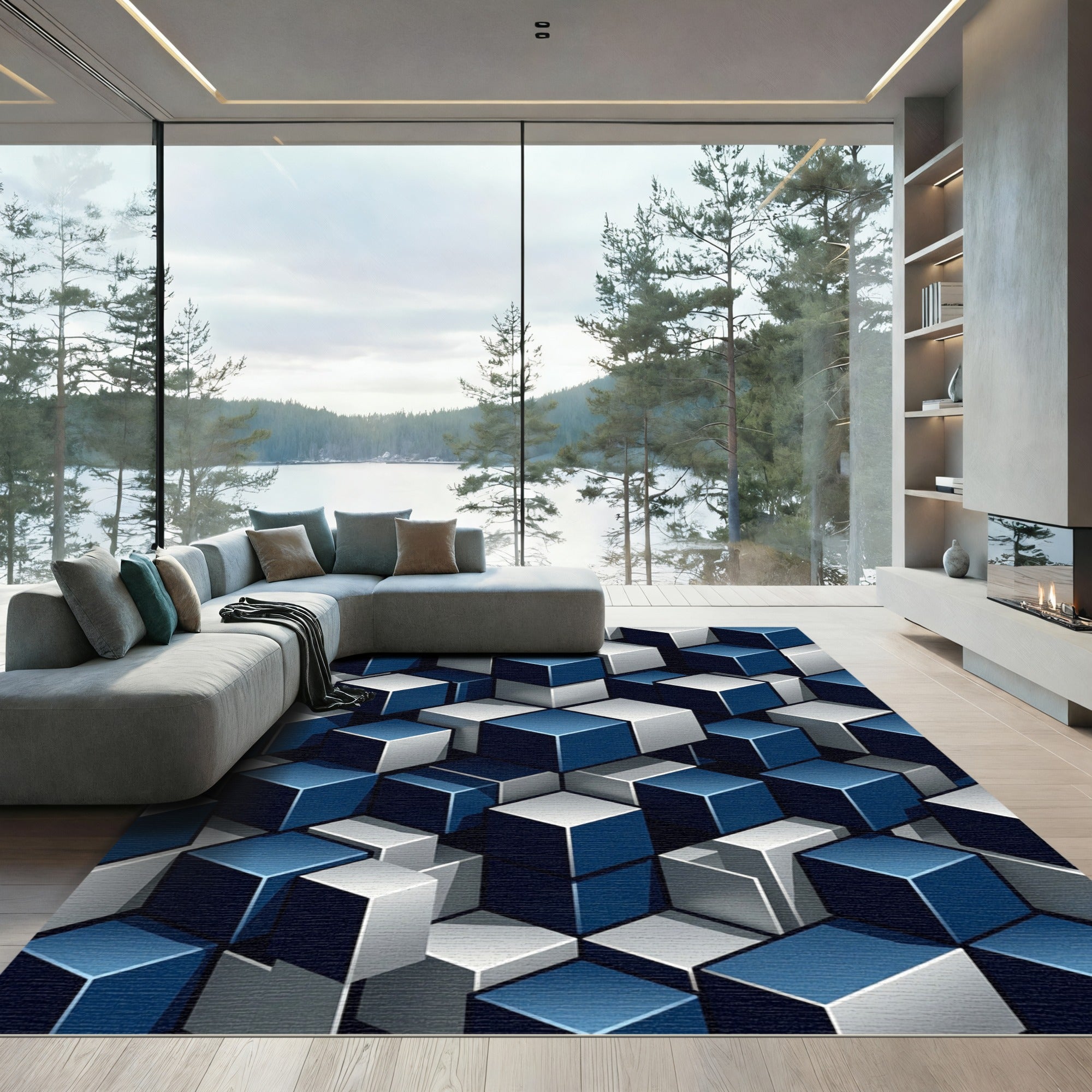 Geometric Blue and Silver Cube Grid Rug
