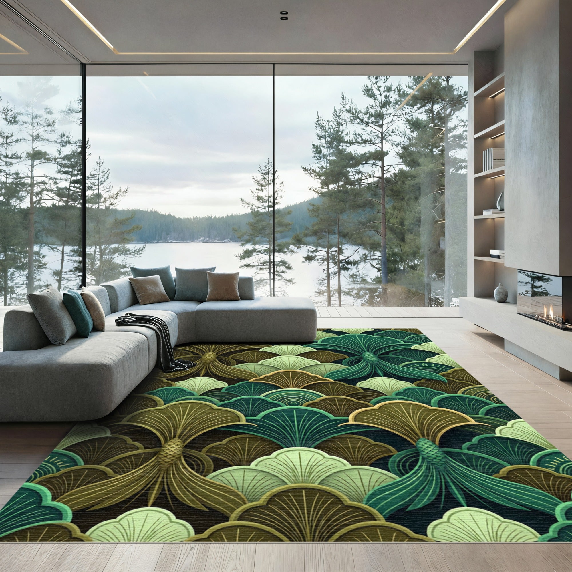 Art Deco Jade Palm Frond Rug