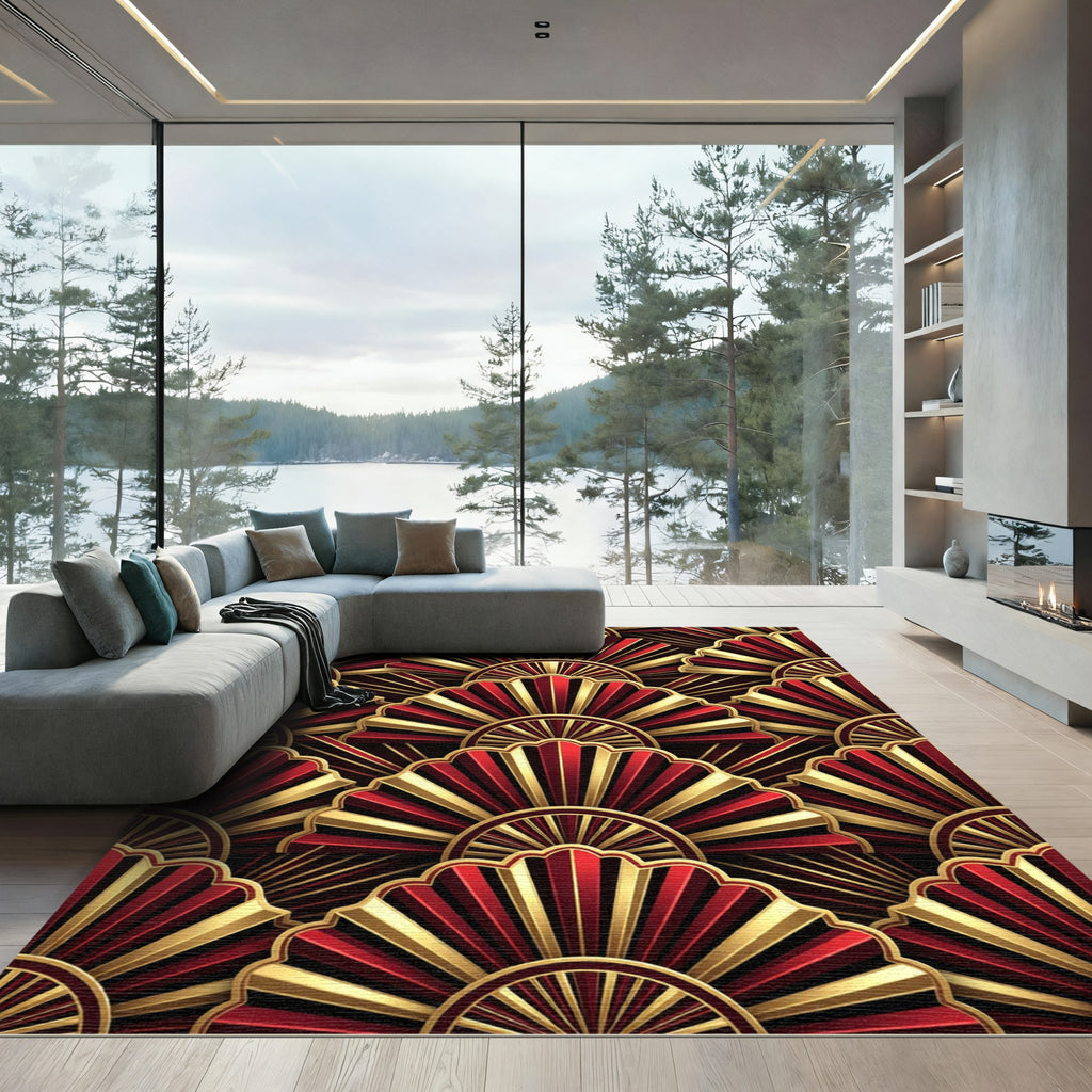 Art Deco Crimson and Gold Fan Rug