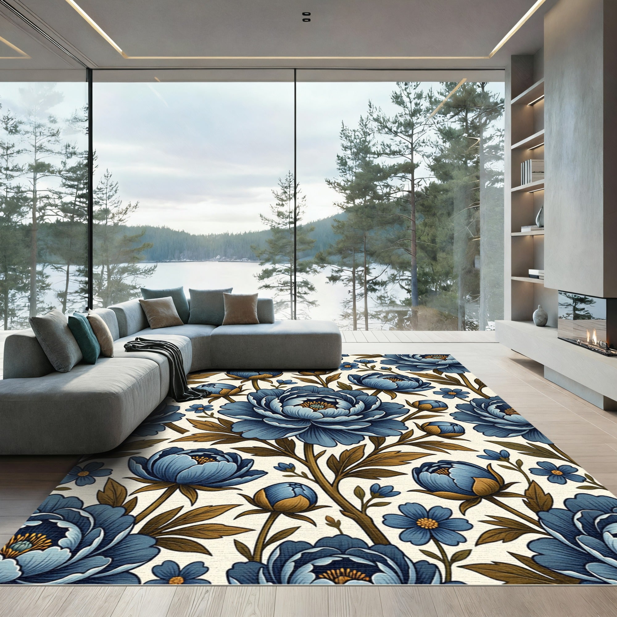 Blue Peony Floral Vine Rug