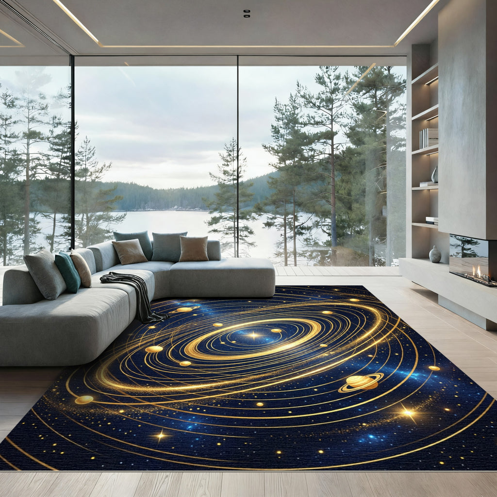 Golden Celestial Planetary Orbit Rug