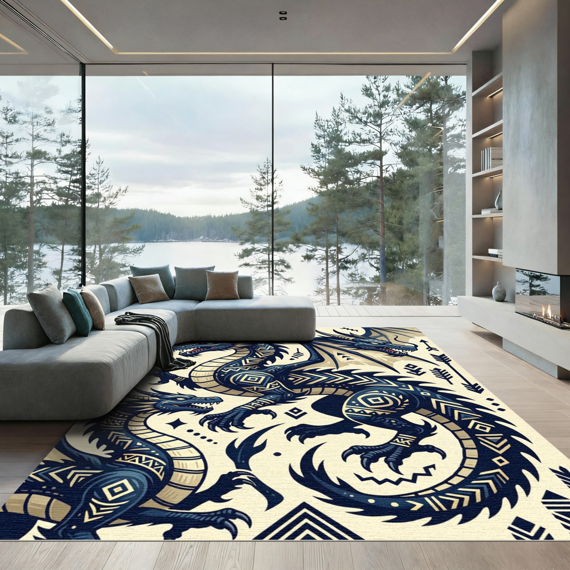 Dual Navy Dragon Folk Art Emblem Rug