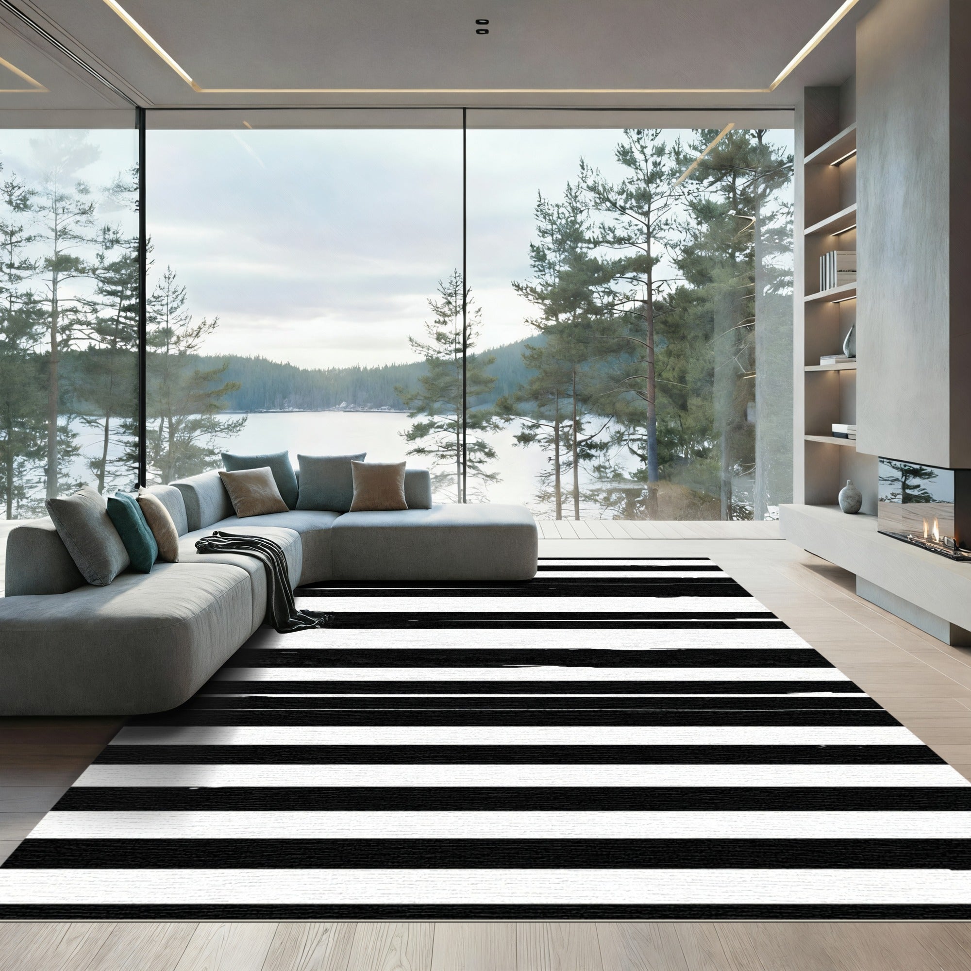 Bold Black White Brushstroke Stripes Rug