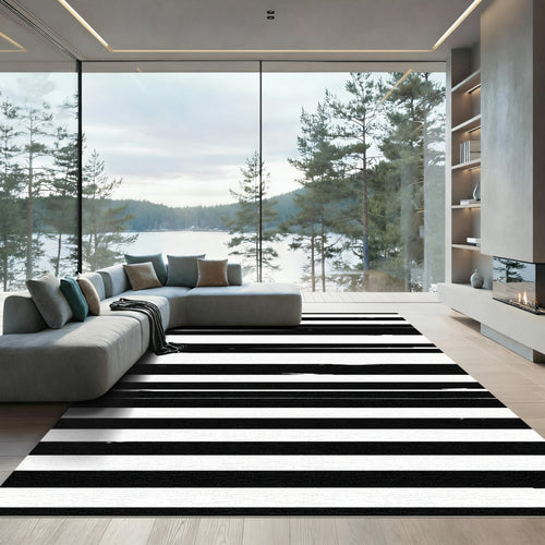 Bold Black White Brushstroke Stripes Rug