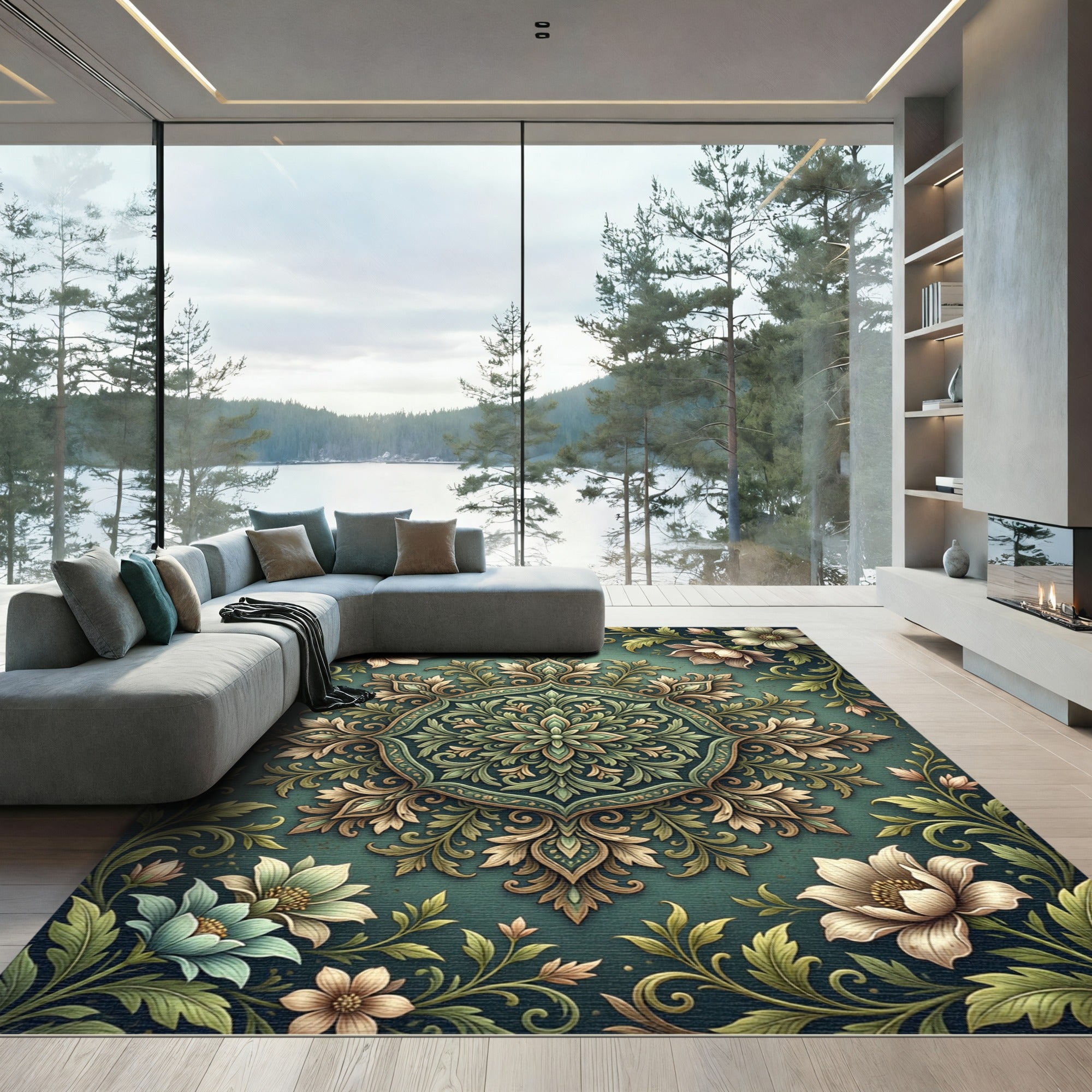 Elegant Sage Botanical Floral Medallion Rug
