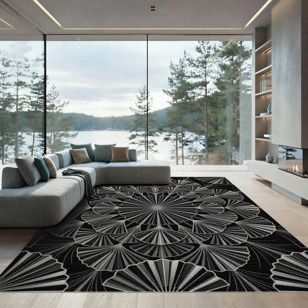 Art Deco Monochrome Ginkgo Fan Medallion Rug