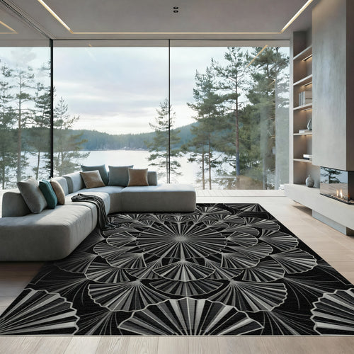 Art Deco Monochrome Ginkgo Fan Medallion Rug