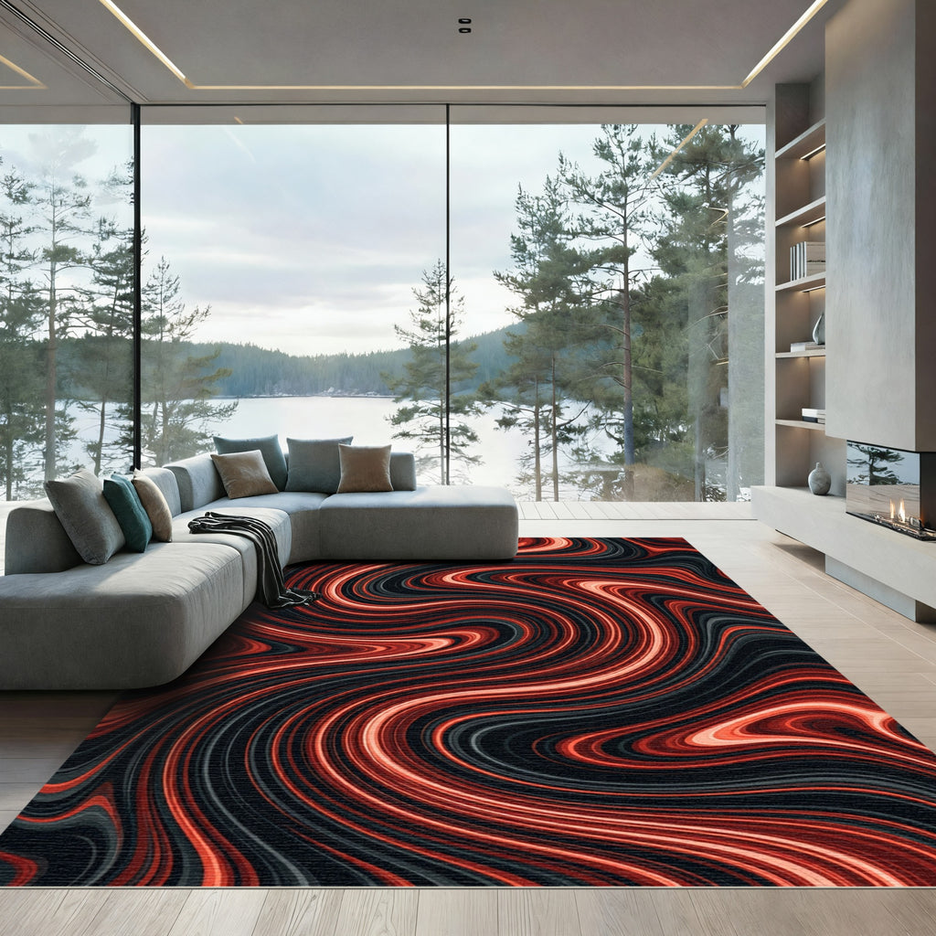 Crimson Smoke Swirl Abstract Rug