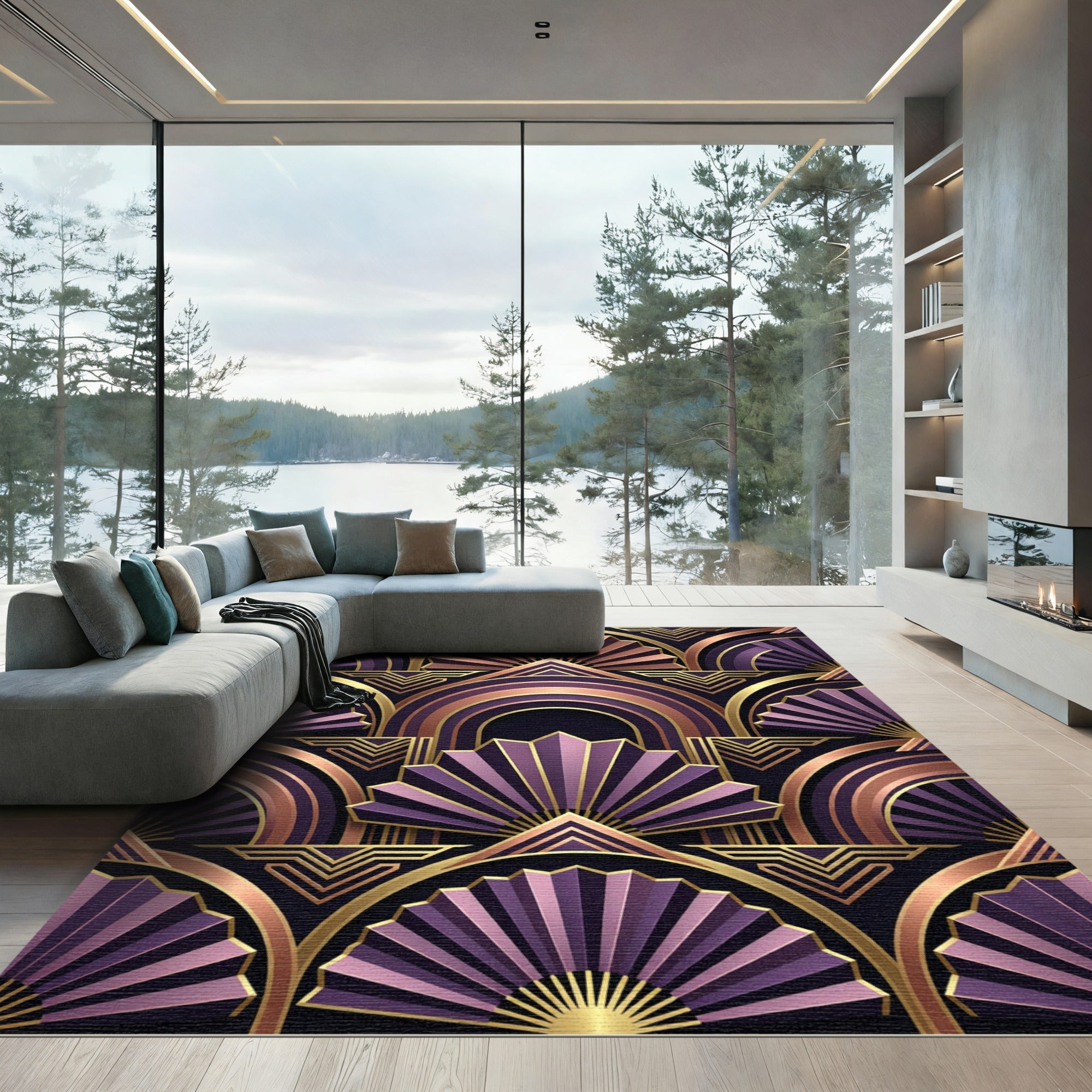 Art Deco Purple Gold Fan Arch Rug