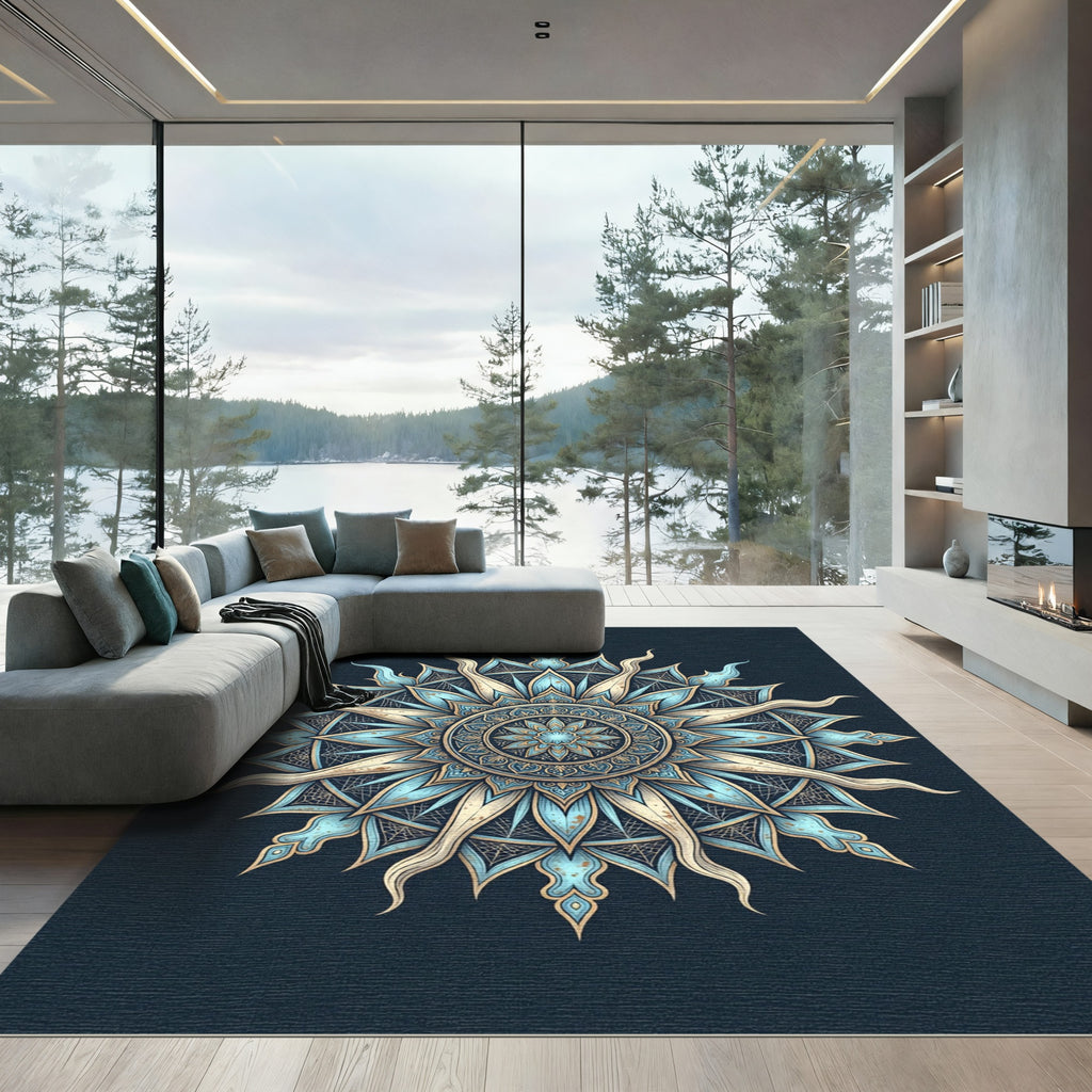 Celestial Sky Blue Sunburst Mandala Rug