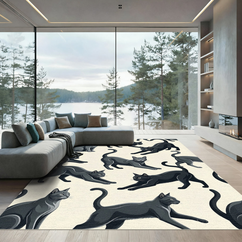 Sleek Black Gray Feline Collection Rug