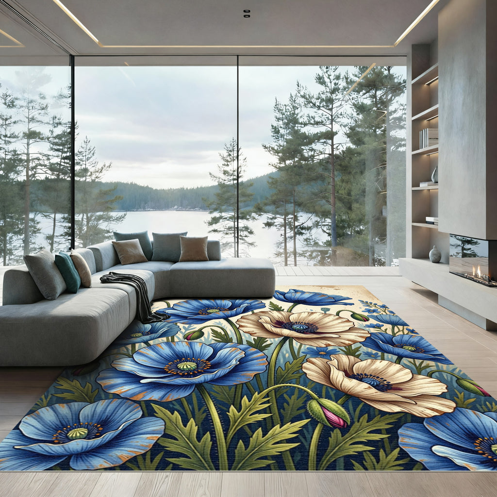Blue Cream Poppy Garden Arrangement Rug