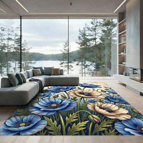 Blue Cream Poppy Garden Arrangement Rug